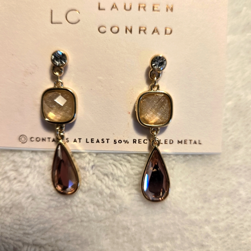 LC Lauren Conrad New Gold Tone Pale Pink & Blue Dangle Stud Pierced Earings